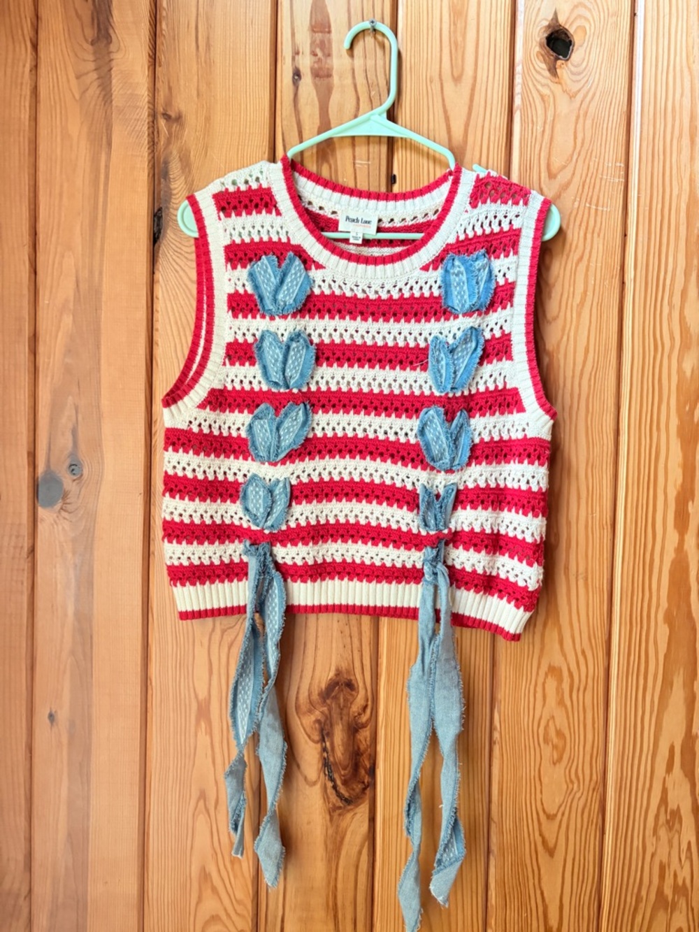 Red & Cream Crocheted Tank Top with Blue Tassels